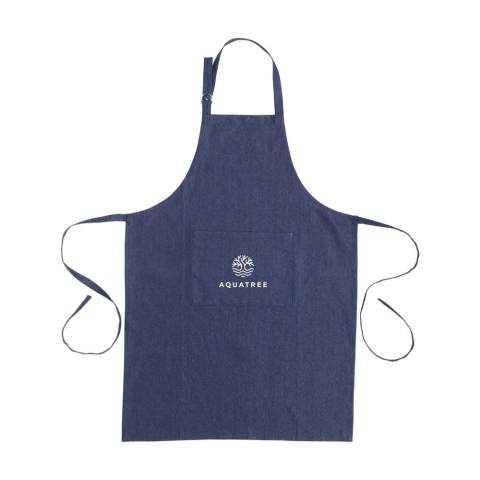 WoW! Apron made of 100% recycled, blended denim (220 g/m²). With a patch pocket. The neckband can be adjusted with a metal clasp. One size fits all. GRS-certified. Total recycled material: 100%. If you choose this product, you choose recycled cotton. As a result, the colour may vary per product.