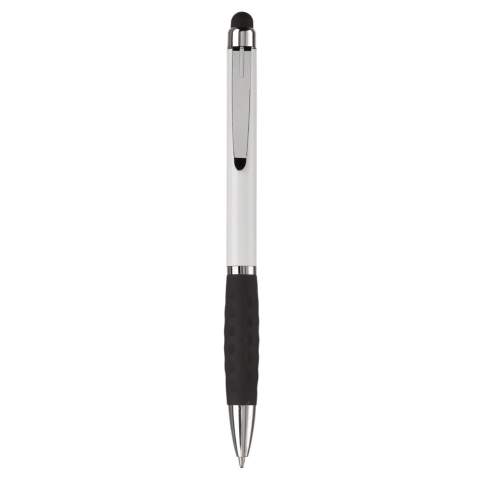 Kunststoff Touch Screen Pen-Toppoint Design. Metallclip und schwarze Gummimanschette. Drehmechanik. Blauschreibend. 