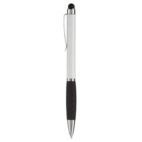 Kunststoff Touch Screen Pen-Toppoint Design. Metallclip und schwarze Gummimanschette. Drehmechanik. Blauschreibend. 