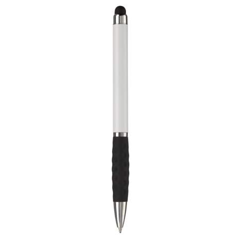 Kunststoff Touch Screen Pen-Toppoint Design. Metallclip und schwarze Gummimanschette. Drehmechanik. Blauschreibend. 