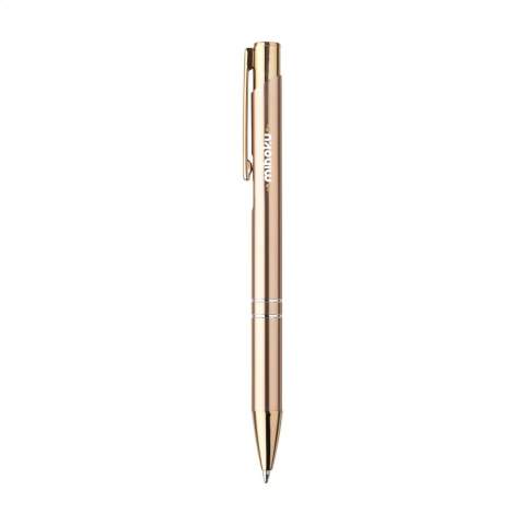 WoW! Blue ink ballpoint pen made from recycled aluminium with a sturdy rose gold clip/pressure button, also made from recycled aluminium. The pen has elegant rose gold and silver accents, making it a strikingly chic appearance. RCS-certificated. Total recycled material: 94%.     By using recycled aluminium, fewer new raw materials are used during the production of this product. This means less energy consumption and less use of water.