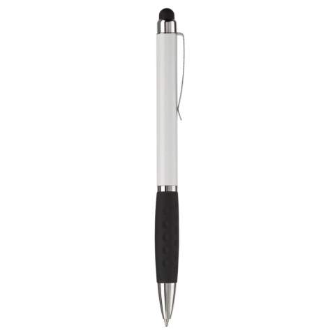 Kunststoff Touch Screen Pen-Toppoint Design. Metallclip und schwarze Gummimanschette. Drehmechanik. Blauschreibend. 