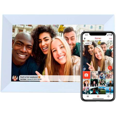Le cadre photo numérique Prado reçoit des photos et des vidéos envoyées via des téléphones mobiles via l'application « Frameo ». Vous pouvez ajouter des messages à la photo lorsqu'elle est transférée de l'appareil au cadre. Permet d'importer des photos à partir d'une carte microSD ou via USB. Il a une vitesse réglable et différents modes d'affichage de l'image : diaporama, prévisualisation, zoom et fonction de rotation. En outre, il a deux trous pour l'accrocher au mur. Écran IPS 10" avec résolution 1 280 x 800 (prend en charge la vidéo Full HD). 1 Go de RAM / mémoire interne de 16 Go. Haut-parleurs 2 x 2 W. Application Frameo préinstallée. Entrées : Mini USB OTG, carte SD/MMC/MS.