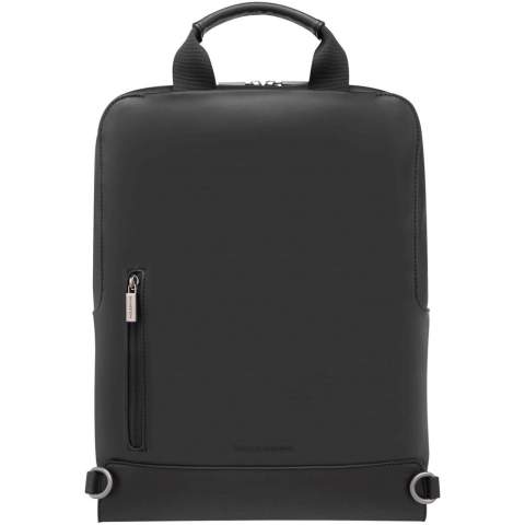 A discreet and iconic notebook-inspired bag collection with space for everything you need as you navigate the city unfolding before you. The Classic vertical device bag fits devices up to 15"and features concealable and adjustable backpack straps for a classic fit on the move, an open back pocket to keep essentials within easy reach, a secure zip-up pocket on the back, zipper pullers with logo, my Moleskine notes pocket to store ideas, 1 organizer with 2 pen holders and business card holder, 1 secure zip-up pocket. Size: 29 x 39 x 6 cm. Volume 9L.