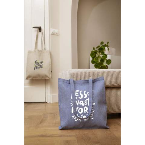 WoW! Einkaufstasche mit langen Griffen, aus 80% meliertem, recyceltem Baumwoll-Segeltuch und 20% recyceltem Polyester (280 g/m²). GRS-zertifiziert. Recyceltes Material insgesamt: 100%. Fassungsvermögen ca. 12 Liter. Diese Baumwolle ist recycelt. Daher kann die Farbe je nach Produkt variieren.