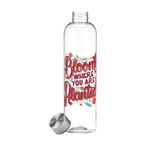 Slim water bottle made from high-quality PCTG SK plastic. This reusable bottle has a handy stainless steel screw cap. Leak proof. Not dishwasher-safe. Capacity 1,000 ml.