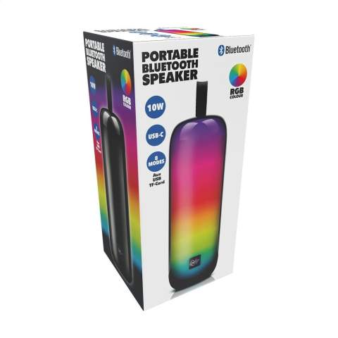 Portable, wireless 10W Bluetooth (5.3) speaker with RGB 24-LED light. This compact but powerful party box has dual 5W speakers. It is designed to be taken anywhere and provides impressive sound, adds extra dimension to your party and creates an unforgettable atmosphere. The speaker is equipped with RGB LED lighting that lights up in 8 different colours and reacts to the music. In addition to Bluetooth, this music box is also compatible with AUX, USB-C and TF cards. This allows you to play music from different sources, so you can always listen to your favourite songs. Compatible with both Android and iOS devices and easy to operate. Charging time 5 hours. At 70% volume and without using the RGB light, the party box has a battery life of 2.5 hours. With the light on, the speaker lasts 2 hours. Input: 5V/1A. Charging port: USB-C. Wireless range up to 10 metres. Includes carrying loop, built-in Li-Ion battery 2x 1200mAh, USB-USB-C charging cable and user manual. Packed individually.