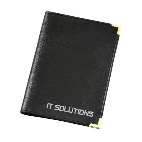 Driving licence and document wallet made from imitation leather, with metal protective corners.