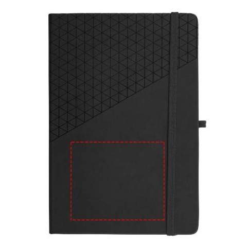 Soft touch geometric pattern design A5 size notebook. Incl. 80 sheets (80gsm) lined paper, ribbon marker, elastic closure and pen loop.