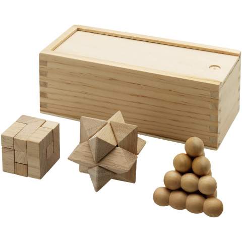 3 in 1 puzzle set in a wooden gift box. Decoration not available on puzzle.