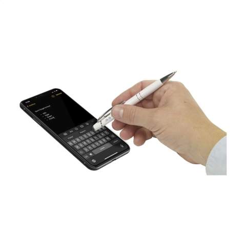 Blue ink pen with aluminium holder with trimmed grip, silver accents and metal clip. Equipped with a top/pointer to operate touch screens (eg iPhone/iPad).
