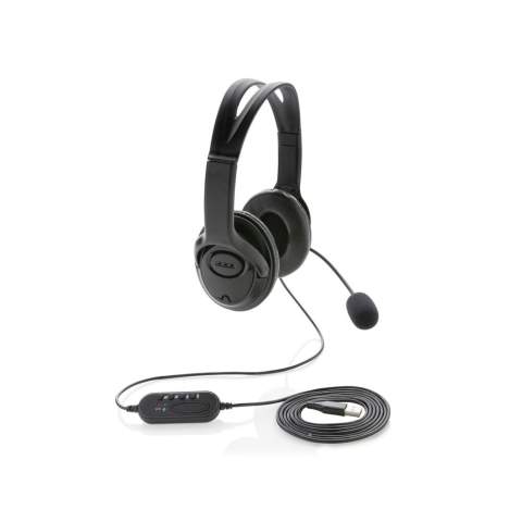 PC USB-stereo hoofdtelefoon met in-line geluidskaart en volume / mute-regeling levert superieur stereogeluid, terwijl de microfoon zorgt voor helder geluid tijdens gesprekken. Deze lichtgewicht over-ear headset van ABS-materiaal is ontworpen voor dagelijks langdurig gebruik en werkt met pc en Mac®. Met 2 meter USB A-kabel voor een optimale verbinding met elke computer. Perfect voor bellen en videogesprekken.