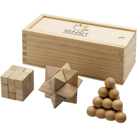 3 in 1 puzzle set in a wooden gift box. Decoration not available on puzzle.