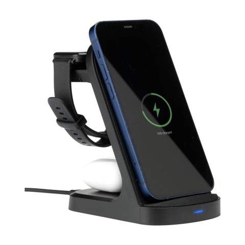 Sturdy 3-in-1 charging stand made from recycled ABS. The ideal wireless charger for quickly charging your phone, earphones and smartwatch simultaneously. A robust stand with a non-slip bottom and an indicator light. Input: Type C DC9V/3A. Wireless Output: 15 W. Wireless Output smartwatch: 2W. Wireless Output earphones: 3W. Includes a rTPE charging cable Type-C connection and user manual. RCS certified. Total recycled material: 30%. Each item is individually boxed.