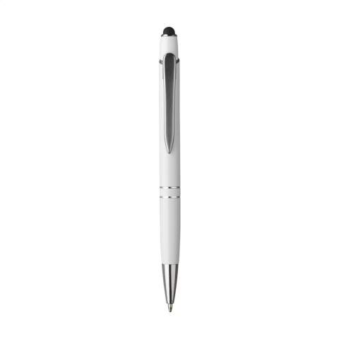 Blue ink pen with aluminium holder with trimmed grip, silver accents and metal clip. Equipped with a top/pointer to operate touch screens (eg iPhone/iPad).