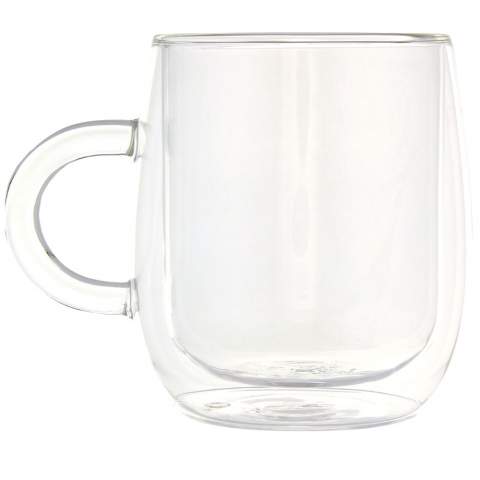 Double-walled 330 ml borosilicate glass mug, ideal for serving your favourite latte macchiato, hot chocolate or any hot drink. This mug is made of 100% durable borosilicate glass that conserves the freshness of the beverage, and it does not contain any harmful chemicals. Tested and approved under German Food Safe Legislation (LFGB), and tested for phthalates content according to REACH regulations. Volume capacity is 330 ml. Dishwasher safe. Presented in a recycled cardboard gift box.