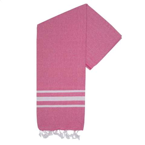 A multifunctional hammam towel from Oxious. Made from 50% OEKO-TEX® certified cotton and 50% recycled industrial textile waste (140 g/m²). Vibe is a wonderfully soft and stylish cloth with a cool stripe pattern. Beautiful as a shawl, dress on the couch, luxurious (hammam) cloth or towel. The cloth is handmade. Vibe symbolizes relaxation in a cozy atmosphere and environment.      These beautiful, soft cloths are made by local women in a small village in Turkey. They work there in a social context, with room for growth and development. The cloths are handmade with love and care for the environment. Pure enjoyment can begin with a product from the Oxious collection. Optional: Each item supplied in a kraft cardboard envelope and/or with a kraft sleeve.