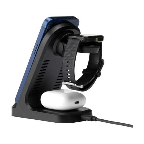 Sturdy 3-in-1 charging stand made from recycled ABS. The ideal wireless charger for quickly charging your phone, earphones and smartwatch simultaneously. A robust stand with a non-slip bottom and an indicator light. Input: Type C DC9V/3A. Wireless Output: 15 W. Wireless Output smartwatch: 2W. Wireless Output earphones: 3W. Includes a rTPE charging cable Type-C connection and user manual. RCS certified. Total recycled material: 30%. Each item is individually boxed.