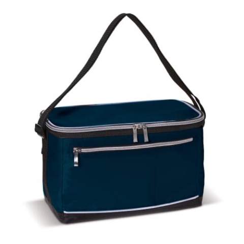 Polyester cool bag with adjustable handle (1200x30mm). One big cooler compartment and a small pocket on the front. Both with zipper closure.
