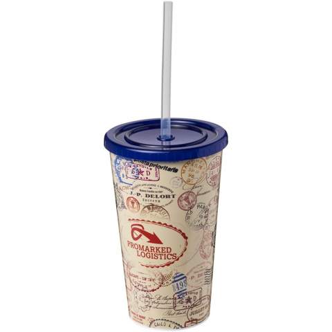 Double-wall insulated tumbler. Tumbler features a full colour wraparound design moulded to the product, making it long-lasting and durable. Supplied with a flexible silicone straw. Volume capacity is 350 ml. Made in the UK. Packed in a home-compostable bag. BPA-free.