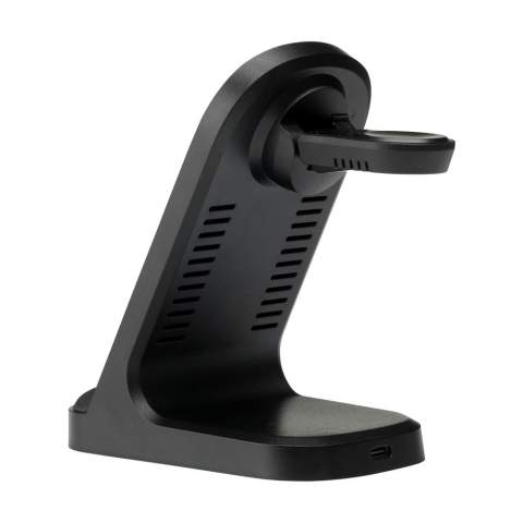 Sturdy 3-in-1 charging stand made from recycled ABS. The ideal wireless charger for quickly charging your phone, earphones and smartwatch simultaneously. A robust stand with a non-slip bottom and an indicator light. Input: Type C DC9V/3A. Wireless Output: 15 W. Wireless Output smartwatch: 2W. Wireless Output earphones: 3W. Includes a rTPE charging cable Type-C connection and user manual. RCS certified. Total recycled material: 30%. Each item is individually boxed.