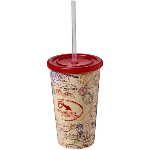 Double-wall insulated tumbler. Tumbler features a full colour wraparound design moulded to the product, making it long-lasting and durable. Supplied with a flexible silicone straw. Volume capacity is 350 ml. Made in the UK. Packed in a home-compostable bag.