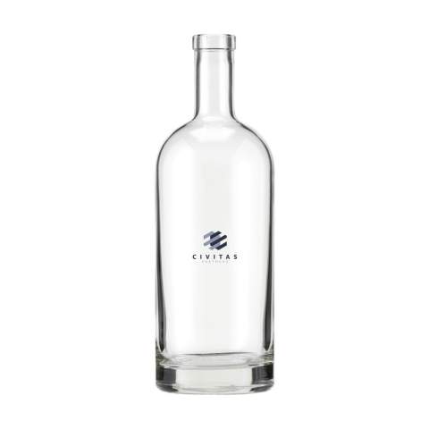 Bouteille d'eau en verre élégante avec une base solide. Grâce à son design intemporel, cette bouteille est idéale comme bouteille de table et convient particulièrement à l'industrie de la gastronomie. La bouteille passe au lave-vaisselle. Le lavage à la main est recommandé pour préserver l’impression. Capacité 1L.