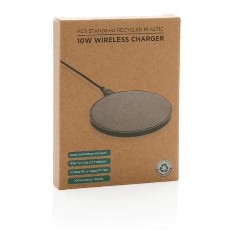 10W wireless charger with dual connector cable (USB A and USB C) where the case is made out of RCS certified recycled ABS plastic and the wire from recycled TPE. Total recycled content 58% based on total item weight. RCS (Recycled Claim Standard) is a standard to verify the recycled content of a product throughout the whole supply chain. RCS is the standard that is used when a part of the item has been made from recycled materials. Wireless charging compatible with Android latest generations, iPhone 8 and up. Input: 9V/1.5A. Wireless Output: 9V/1.1A 10W.  Item and accessories PVC free. Including 150 CM PVC free recycled TPE cable that offers connection to both from USB A and type C adapters.<br /><br />WirelessCharging: true<br />PVC free: true