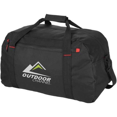 Large travel bag with zipper large main compartment, front zipper pocket and adjustable shoulder strap.