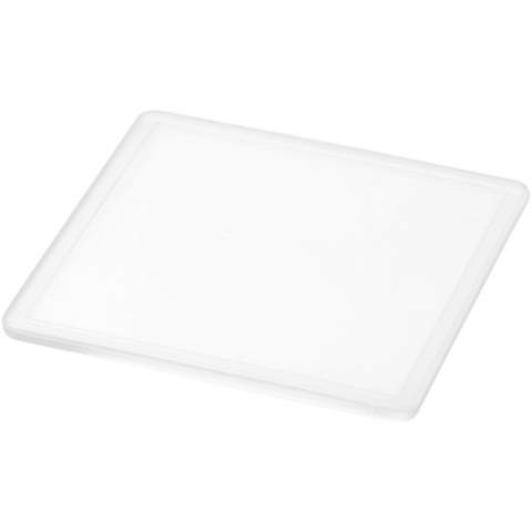Two-part plastic coaster that carries a printed paper insert. Paper insert can be printed on both sides.