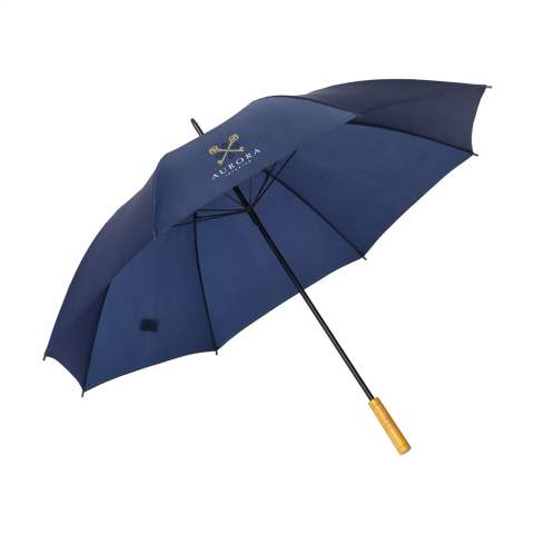 Parapluie anti-vent avec une toile en polyester 190T, un diamètre de 127 cm, cadre  un manche en métal, poignée en bois et fermeture par bande auto-agrippante.