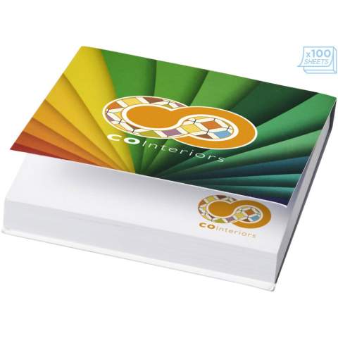 Post-its Sticky-Mate® avec couverture souple pratique en papier. Comprend des feuilles auto-collantes de papier vierge de 80 g/m². Marquage en couleurs pleines possible sur chaque feuille. La couverture souple protège le contenu des dégâts et offre un espace publicitaire supplémentaire. Trois tailles disponibles : 25 feuilles (21098001), 50 feuilles (21098002), 100 feuilles (21098004)