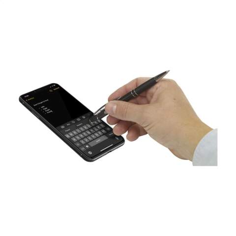 Blauschreibender Aluminium-Kugelschreiber mit griffestem Vorderteil,  silbernen Akzenten und metallenem Clip. Mit gummierte Spitze zum Bedienen von Touchscreens (wie iPhone/iPad).