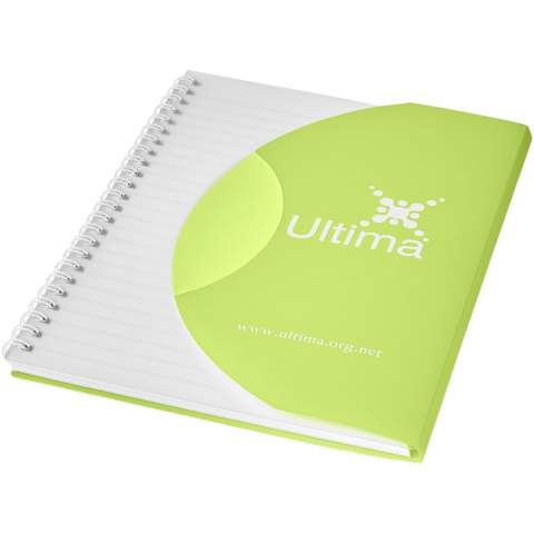 Curve A5 notebook. Includes 50 sheets (80g/m2) blank paper and a coloured 500 micron polypropylene cover. The curved shape keeps the notebook securely closed. Decoration possible on the cover and on each sheet.