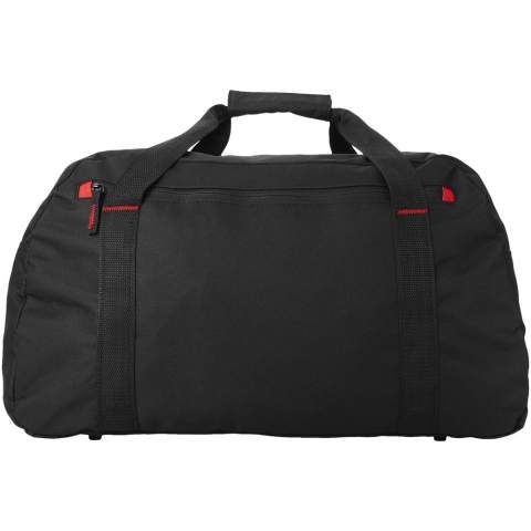 Large travel bag with zipper large main compartment, front zipper pocket and adjustable shoulder strap.