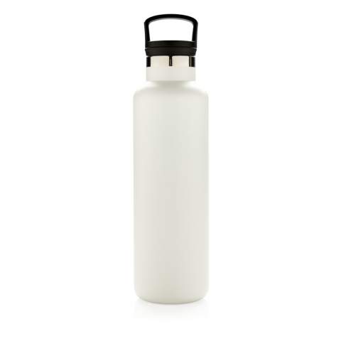 Powder coated double wall vacuum insulated bottle. 2-in-1 lid with filter, perfect for hot tea or infused water. Standard mouth opening, ideal for sipping and adding ice cubes. Built to last, great bottle for any season. 304 SS inner and 201 SS outer keeps your drinks hot for up to 5h and cold for up to 15h. Content: 600ml.