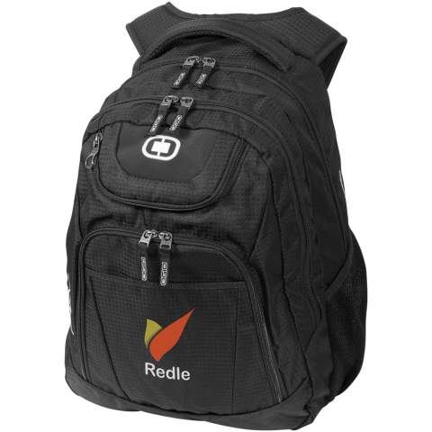 17” laptop backpack with dual main compartments and an ultra-padded air mesh back.The bag features a padded laptop sleeve with a dedicated tablet pocket, a front zipped pocket with organisation panel and key clip, a front slash pocket on the outside for quick access items and a fleece-lined valuables pocket. Ergonomic padded straps with adjustable sternum strap.