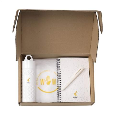 Geschenkset, das sich als Aufmerksamkeit für verschiedene Anlässe eignet. Ob Sie eine neue Mitarbeiterin oder einen neuen Mitarbeiter willkommen heißen, ein Geschenk zum Jahresende überreichen, Ihren Angestellten Ihre Wertschätzung zeigen oder einfach nur Ihre Geschäftsbeziehungen vertiefen möchten: Dieses Geschenk wird einen bleibenden Eindruck hinterlassen. In diesem Geschenkset sind die folgenden Produkte enthalten: • W340.10 Join the Pipe Nairobi Bottle 500 ml • 2308.1020 Senator Nature Plus Matt • W100.10 Seed Paper Notebook A5 • W113.10 Corn Backpack. Gestalten Sie dieses Set noch persönlicher: Lassen Sie einen Namen, ein Zitat oder ein Logo auf die einzelnen Produkte drucken. Die Produkte werden als Set in einer Kraft-Geschenkbox geliefert.