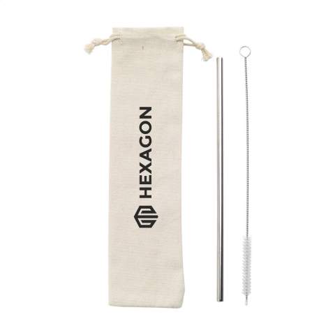 A reusable, stainless steel straw. A good alternative to plastic straws. Includes stainless steel nylon cleaning brush. Perfect for cold drinks such as smoothies or cocktails. It also adds a visually pleasing touch to any drink. Supplied per set with a canvas pouch.
