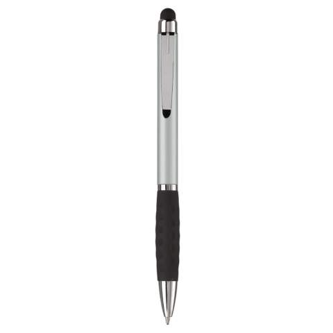 Plastic touchscreen pen with a metal clip and rubber grip. Twist mechanism. Blue  writing ink refill.