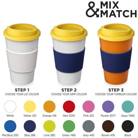 Double-wall insulated tumbler with twist-on lid and silicone grip. Volume capacity is 350 ml. Mix and match colours to create your perfect mug. Made in the UK. Packed in a home-compostable bag. BPA-free.