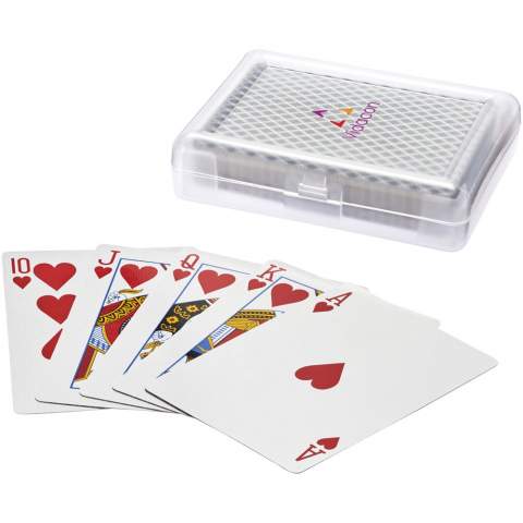 Classic deck of cards with 55 cards per set (including 2 jokers). Delivered sealed in a plastic case.