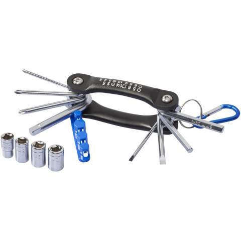 12 function fold out multi-tool containing 3 sizes of Philips-head, 2 sizes of flat head and 2 sizes of hex key screwdriver heads in carbon steel with chrome finish. Includes coloured adapter with 4 size sockets and matching colour carabiner that is not intended for climbing. .
