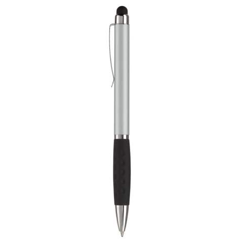Plastic touchscreen pen with a metal clip and rubber grip. Twist mechanism. Blue  writing ink refill.