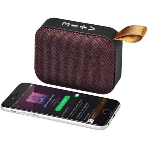 The Fashion fabric Bluetooth® speaker features great sound and an on trend style. The grill of the speaker is wrapped with a woven fabric and the casing has a soft touch finish. The speaker's 3-watt driver packs a punch while the built-in music control and microphone allows you to control the music and hold a conference call from any location without touching your phone. The 400 mAh battery will keep the music playing for over 2 hours. Bluetooth® working range is 10 meters (33ft). Bluetooth® version 5.0.
