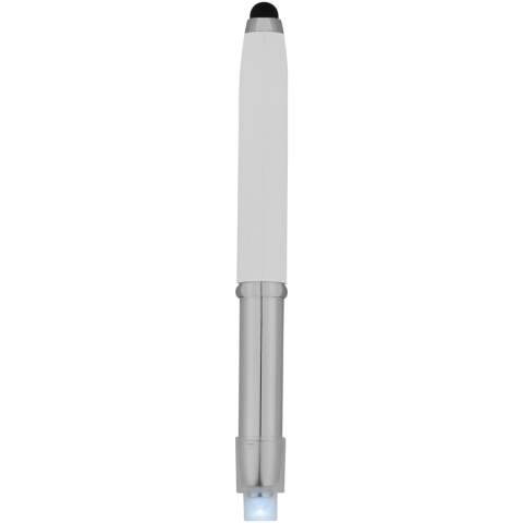 Stylus ballpoint pen with single LED flashlight and removable cap. Batteries included.