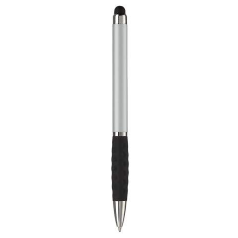 Plastic touchscreen pen with a metal clip and rubber grip. Twist mechanism. Blue  writing ink refill.