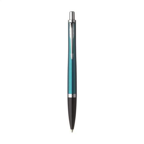 Blue ink Parker ballpoint pen. With stainless steel barrel and front piece of high-gloss plastic. With stainless steel accents and rotating point. 2 year warranty. In a Parker case. Available in different colour combinations.