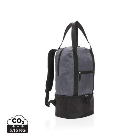 This two tone 500D polyester backpack has a main compartment for your beach gear and a bottom cooler compartment with space for up to 8 cans. Easy switch to tote bag with the straps.<br /><br />PVC free: true