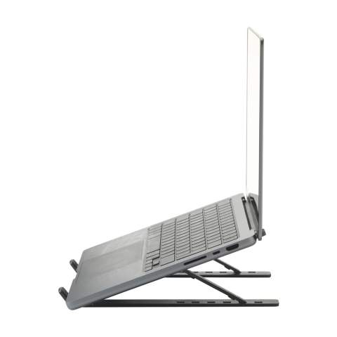WoW! Verstelbare laptopstandaard van GRS-gecertificeerd gerecycled aluminium. De laptopstandaard is geschikt voor laptops en tablets (tot 15,6 inch). Verstelbaar in 6 verschillende hoogtes. Dit draagt bij aan een juiste en comfortabele werkhouding. De laptopstandaard is van hoge kwaliteit, licht in gewicht, antislip en stabiel. Het strakke, open design garandeert een goede ventilatie. Inklapbaar tot een compact pakket en daardoor gemakkelijk mee te nemen. Een musthave die bij elke werkplek past. Inclusief pouch van Terry textiel. GRS-gecertificeerd. Totaal gerecycled materiaal: 91%.     Door het gebruik van gerecycled aluminium worden er minder nieuwe grondstoffen gebruikt tijdens de productie van dit product. Dit betekent minder energieverbruik en minder gebruik van water. Per stuk in kraft doos.